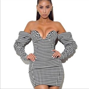 Houndstooth Woven Puff Sleeve Off Shoulder Dress